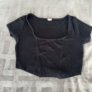 Garage Shirt Womens Medium Black Ribbed Square Neck Crop Top Stretch Tee